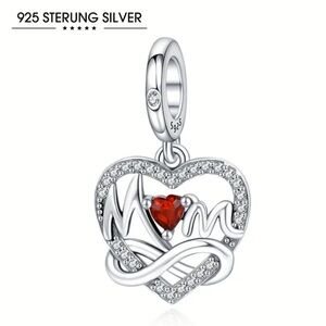 Pandora 925 Silver Heart Infinity “Mom” Charm Pendant with Red Gemstone